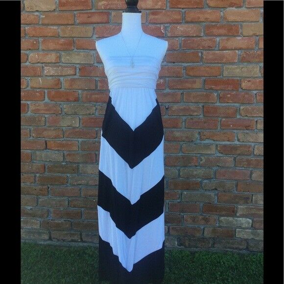 Strapless Chevron Maxi Dress Long Pockets Colorblock Tube Sundress Summer Black White S