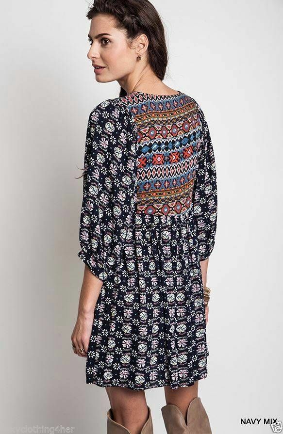 Umgee USA Navajo Tribal Babydoll Chic Boho Half Sleeve Tunic Mini