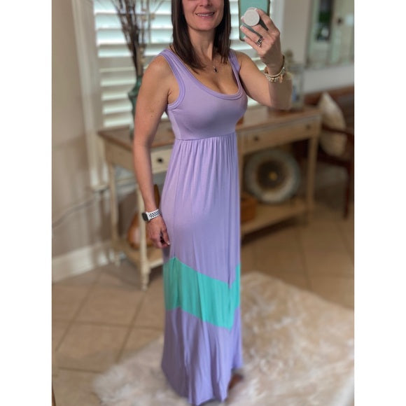 Summer in The City Maxi Dress Chevron Scoop Neck Sleeveless Tank Long Tube Summer Light Purple Mint L