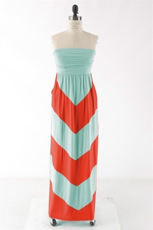 Maxi Dress Green Coral Strapless Chevron Long Color Block Tube Sundress Ruched S Maxi Dress Green Coral Strapless Chevron Long Color Block Tube Sundress Ruched S