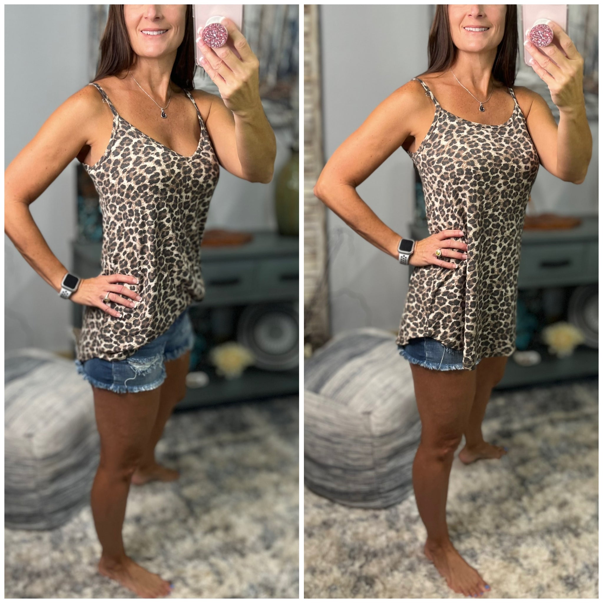 “Heat Wave” Reversible Leopard Low Scoop Or V Neck Spaghetti Strap Tank Shirt Top Distressed Brown