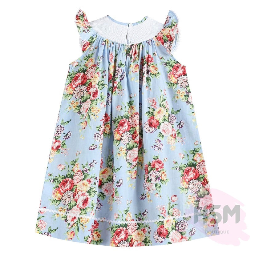 Blue Bird Smocked Floral Blue Bird Bishop Embroidery Blue Dress 3-6M