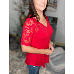 "All About The Lace" Lace Short Sleeve V Neck Rounded Bottom Dressy Floaty Girly Lipstick Red