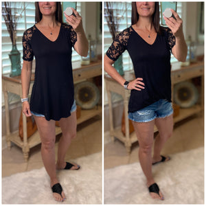"All About The Lace" Lace Short Sleeve V Neck Floaty Rounded Bottom Classic Girly Dressy Black