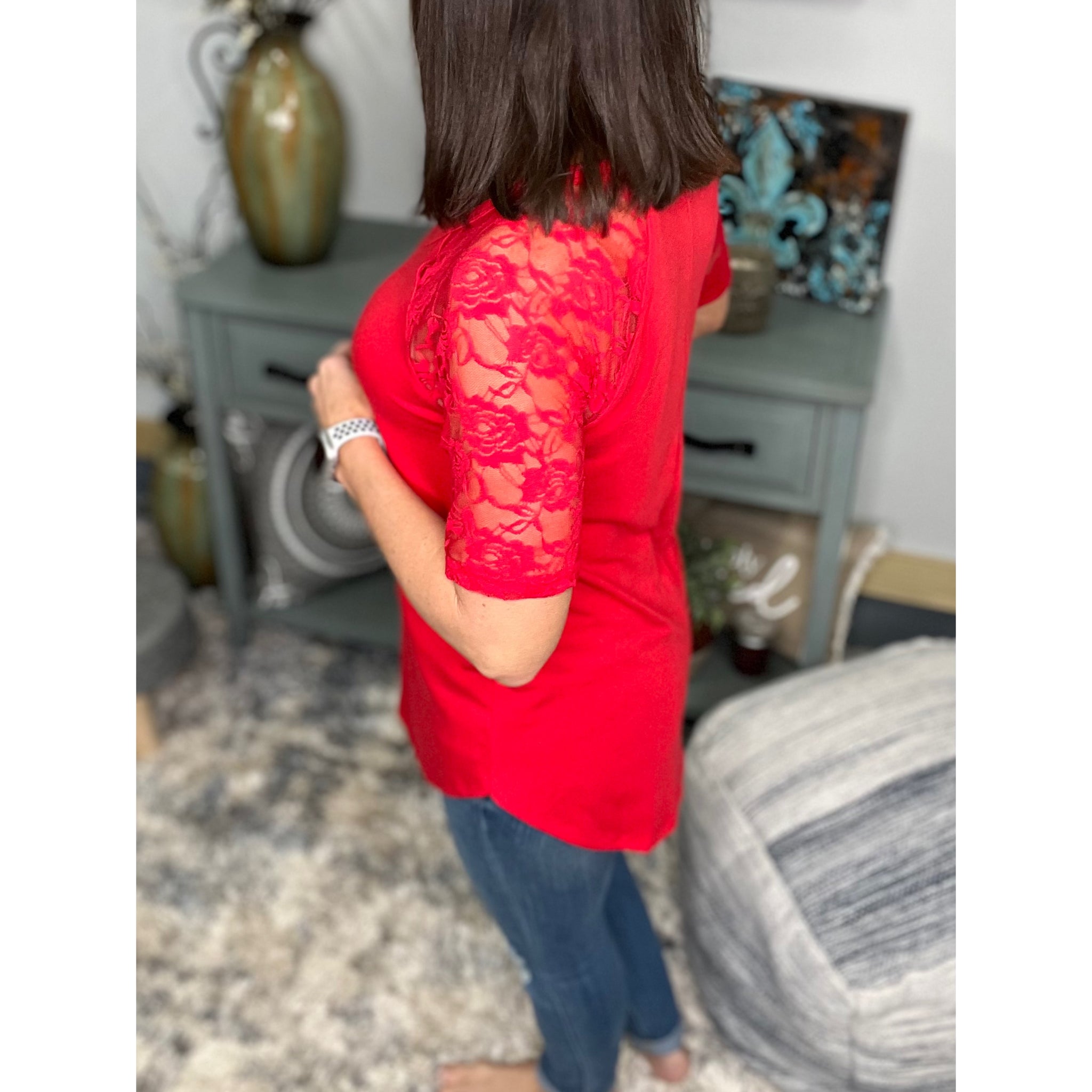 "All About The Lace" Lace Short Sleeve V Neck Rounded Bottom Dressy Floaty Girly Lipstick Red