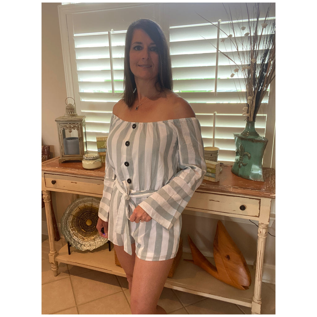 Sexy Off Shoulder Romper Striped Button Dressy Belted Cotton Shorts Sage