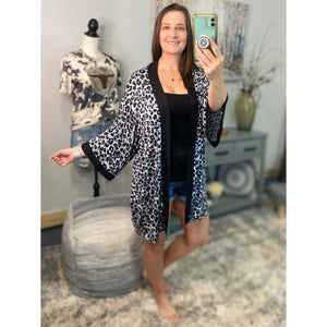 “Express Yourself” Leopard Contrast Trim Long Open Kimono Cardigan Beach Cover Up Wide Sleeve Gray