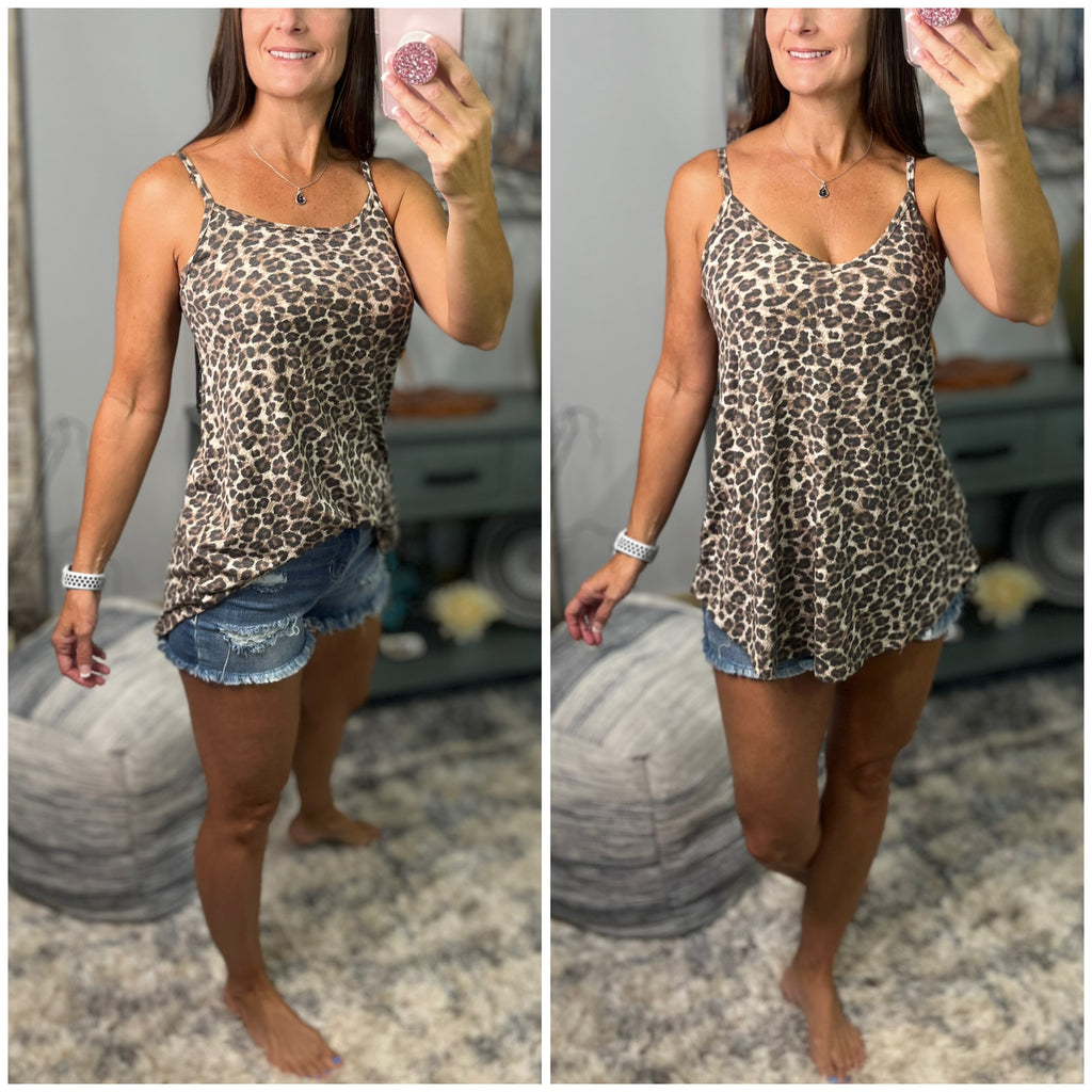 “Heat Wave” Reversible Leopard Low Scoop Or V Neck Spaghetti Strap Tank Shirt Top Distressed Brown