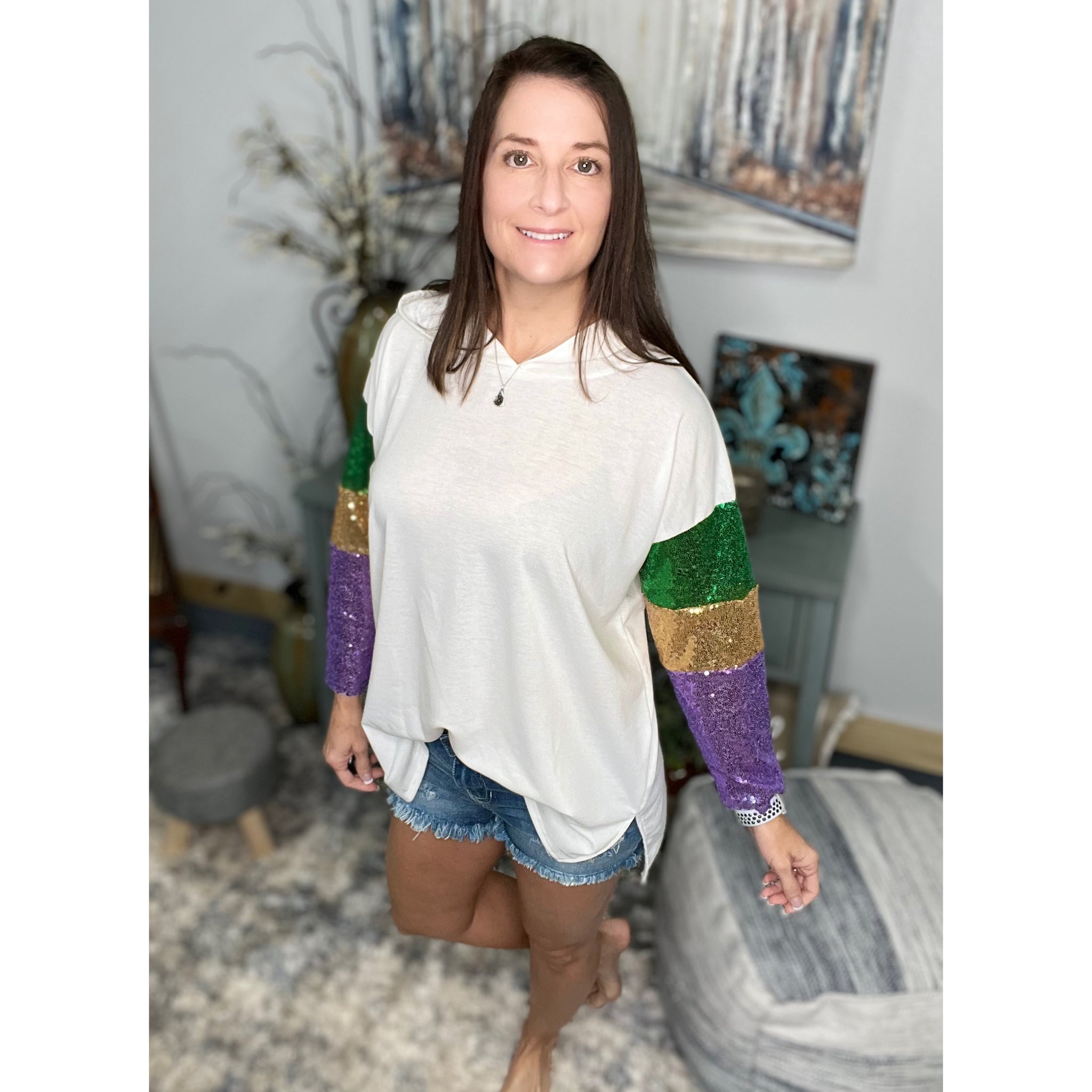 “Life of the Mardi” Mardi Gras Sequined Hoodie Shirt Parade Purple Green & Gold Ivory