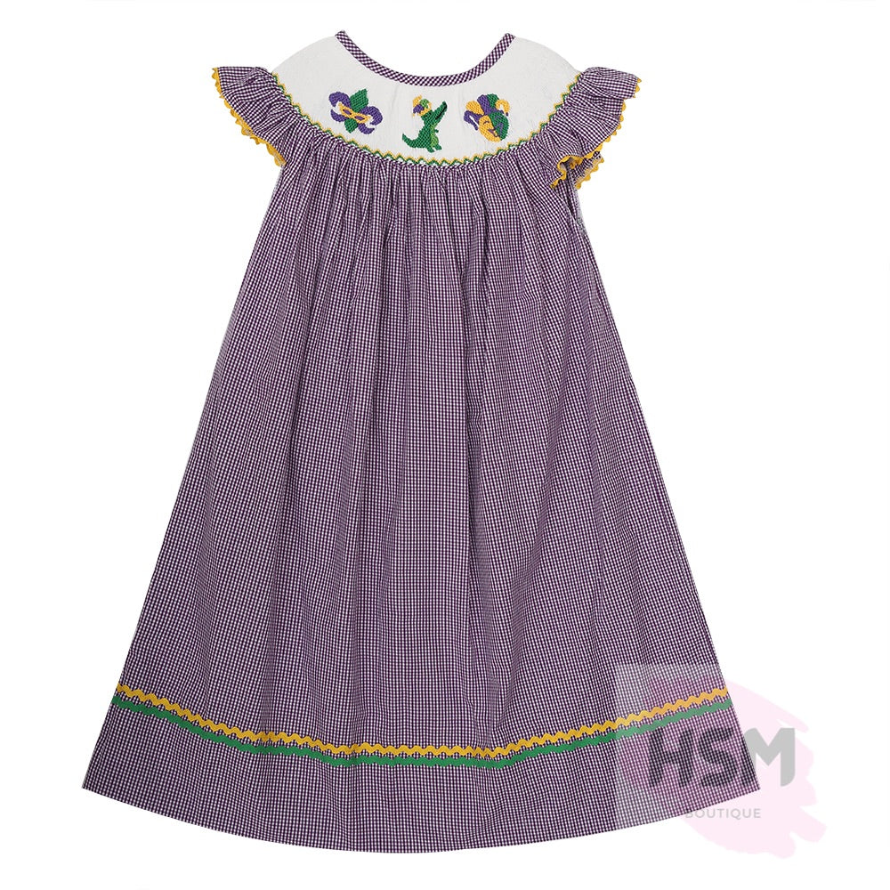 mardi gras purple dress It's Mardi Gras Baby Smocked Plaid Mardi Gras Mask Fleur de Lis Alligator Bishop Embroidery Purple Dress 5T
