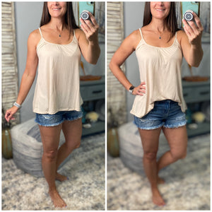 “Go With The Flow" Scoop Neck Spaghetti Strap Floaty Textured Sleeveless Summer Tank Shirt Top Tan
