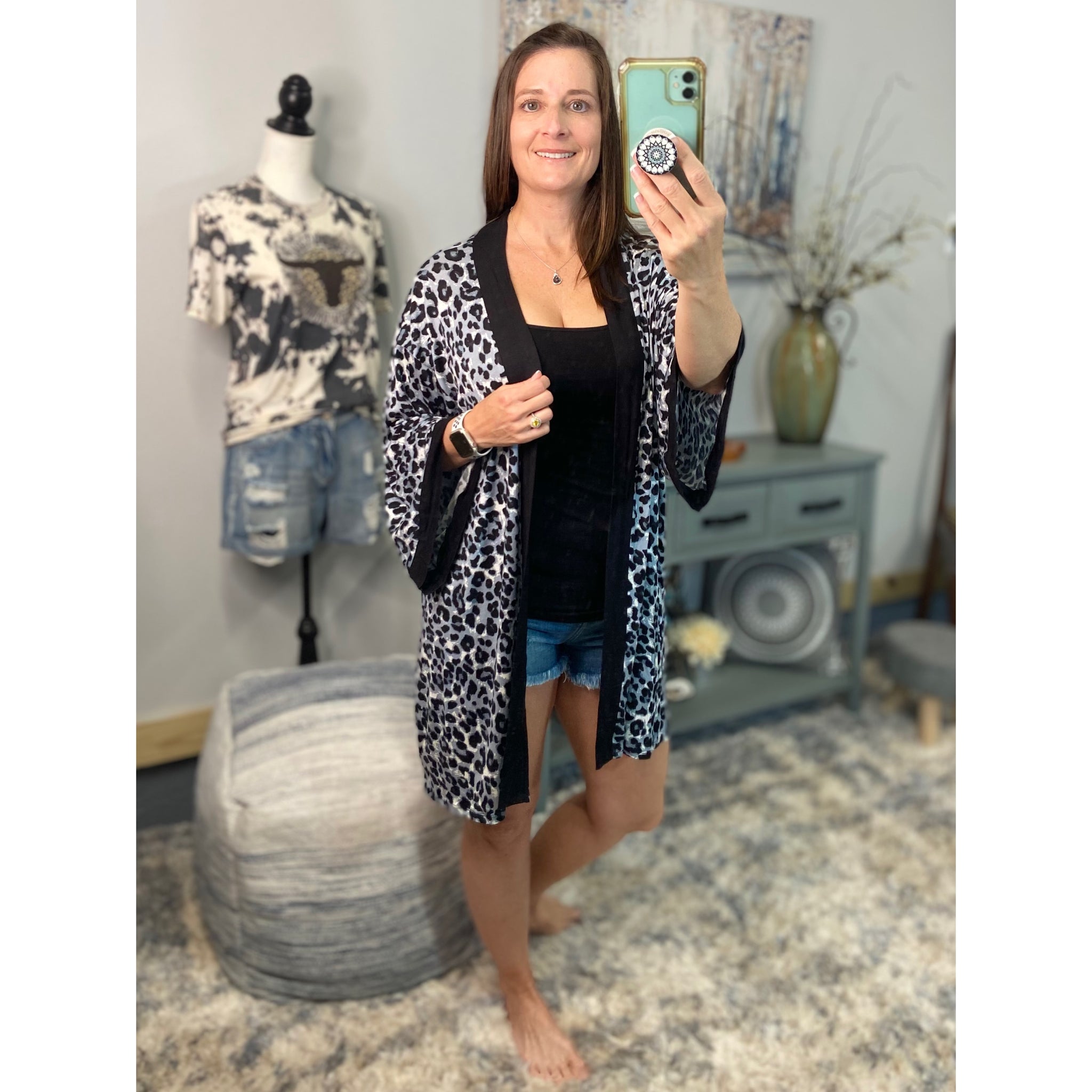 “Express Yourself” Leopard Contrast Trim Long Open Kimono Cardigan Beach Cover Up Wide Sleeve Gray