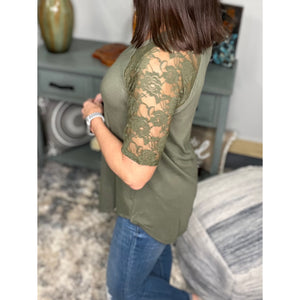 "All About The Lace" Lace Short Sleeve V Neck Rounded Bottom Dressy Floaty Girly Olive Green