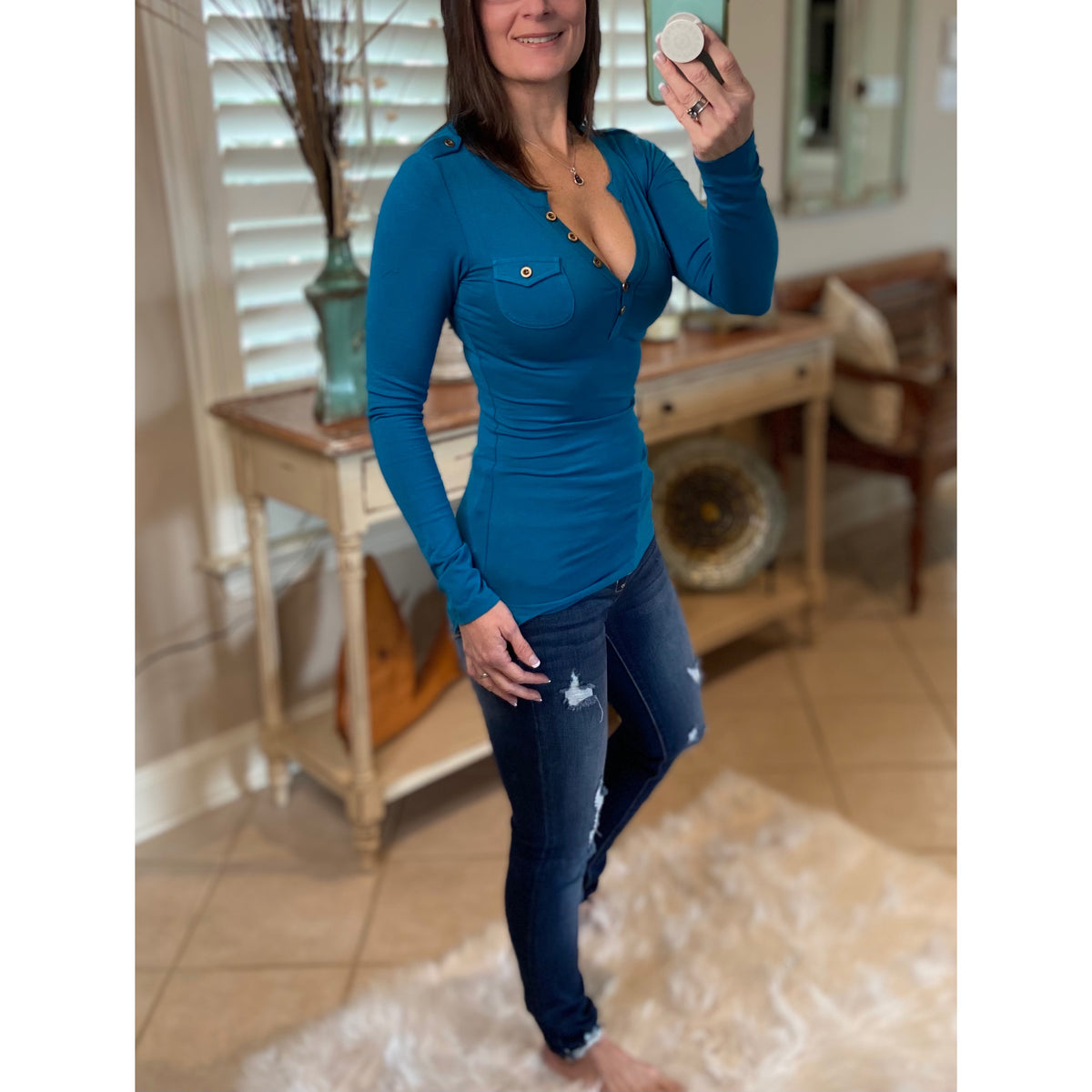 Sexy Deep V Neck Plunge Cleavage Military Henley Pocket Long Sleeve To Hot Southern Mess Boutique