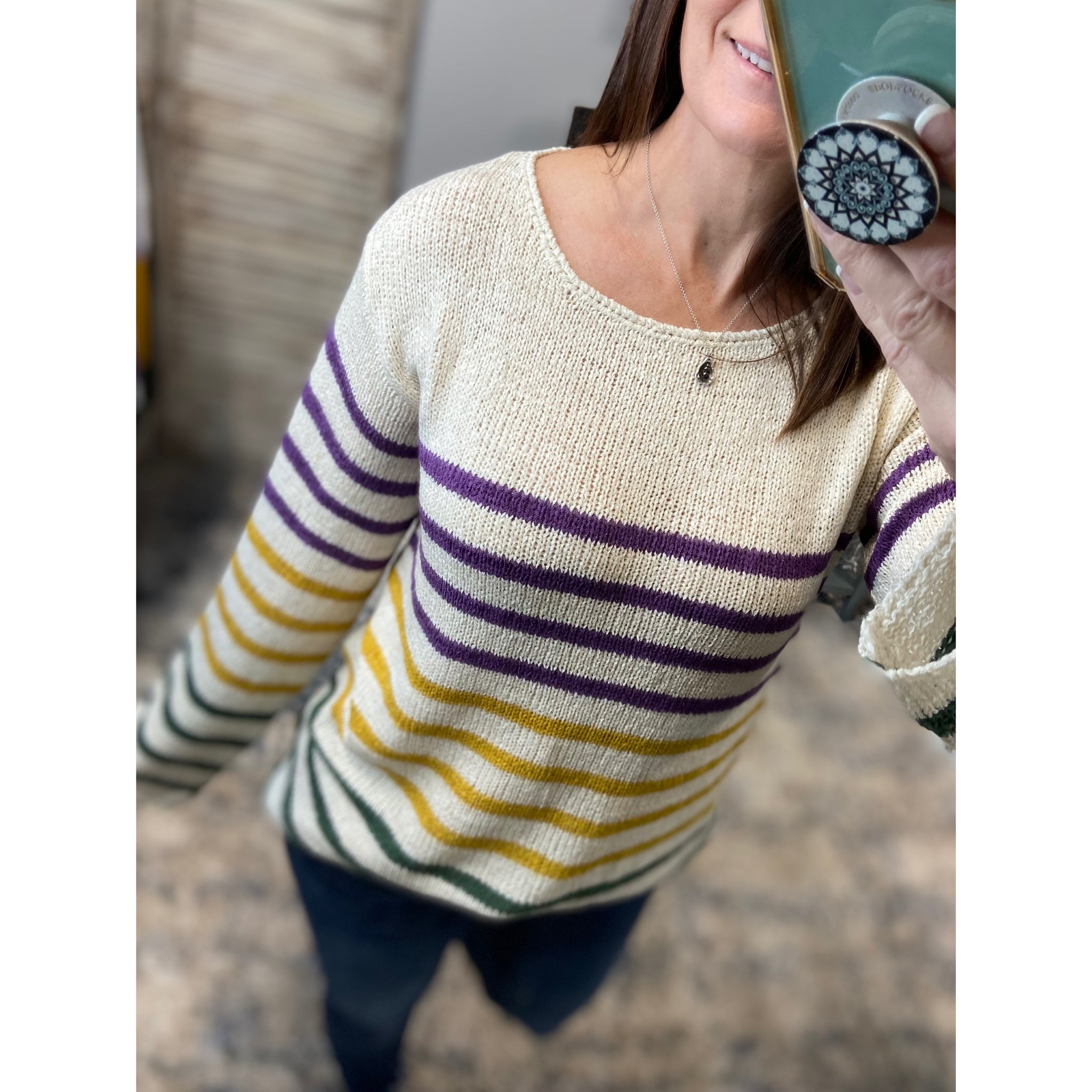 “Bacchus Bash” Mardi Gras Wide Neck Loose Striped Sweater Shirt Purple Green & Gold