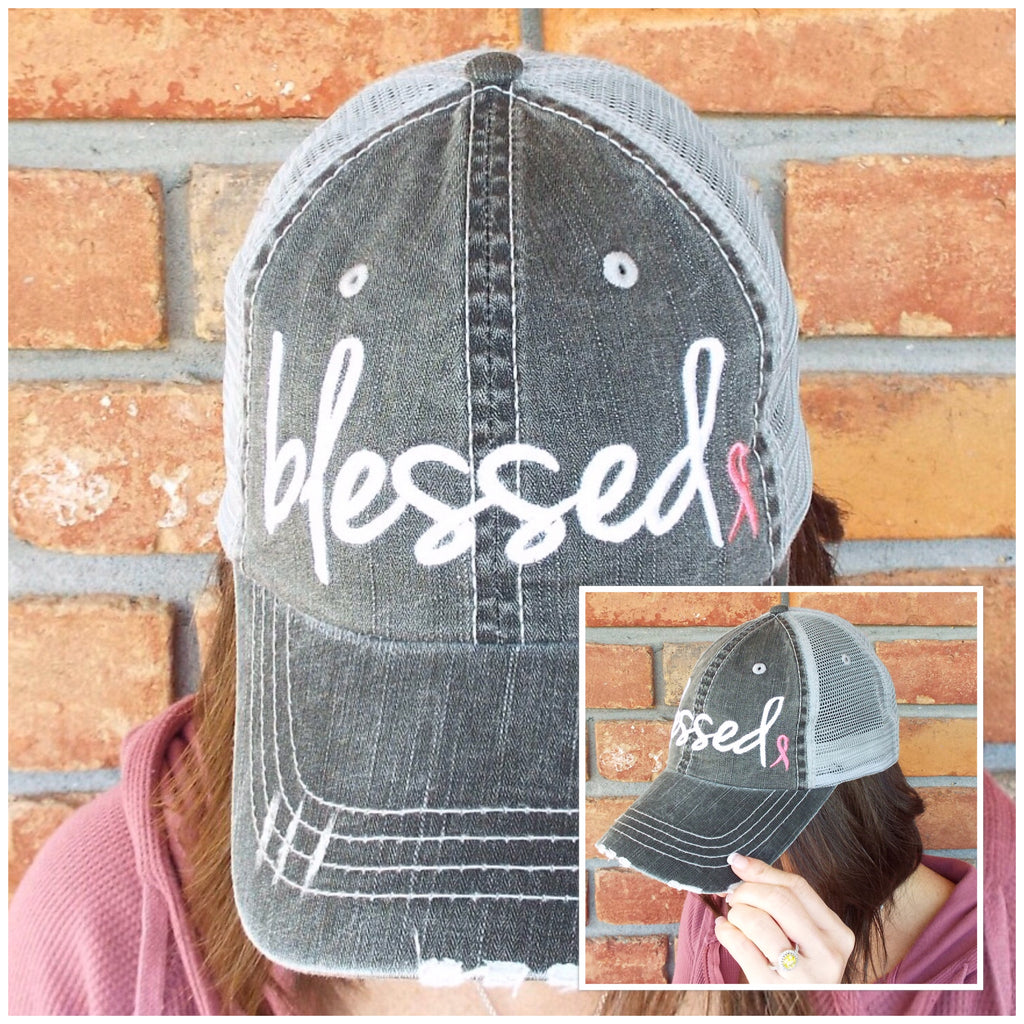 Blessed Pink Cancer Ribbon Distressed Embroidered Trucker Hat Mesh Back Gray