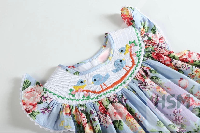 Blue Bird Smocked Floral Blue Bird Bishop Embroidery Blue Dress 3-6M
