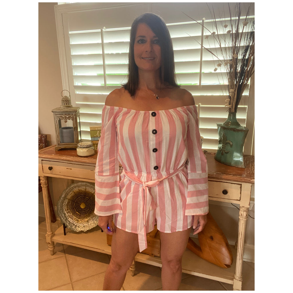 Sexy Off Shoulder Romper Striped Button Dressy Belted Cotton Shorts Pink