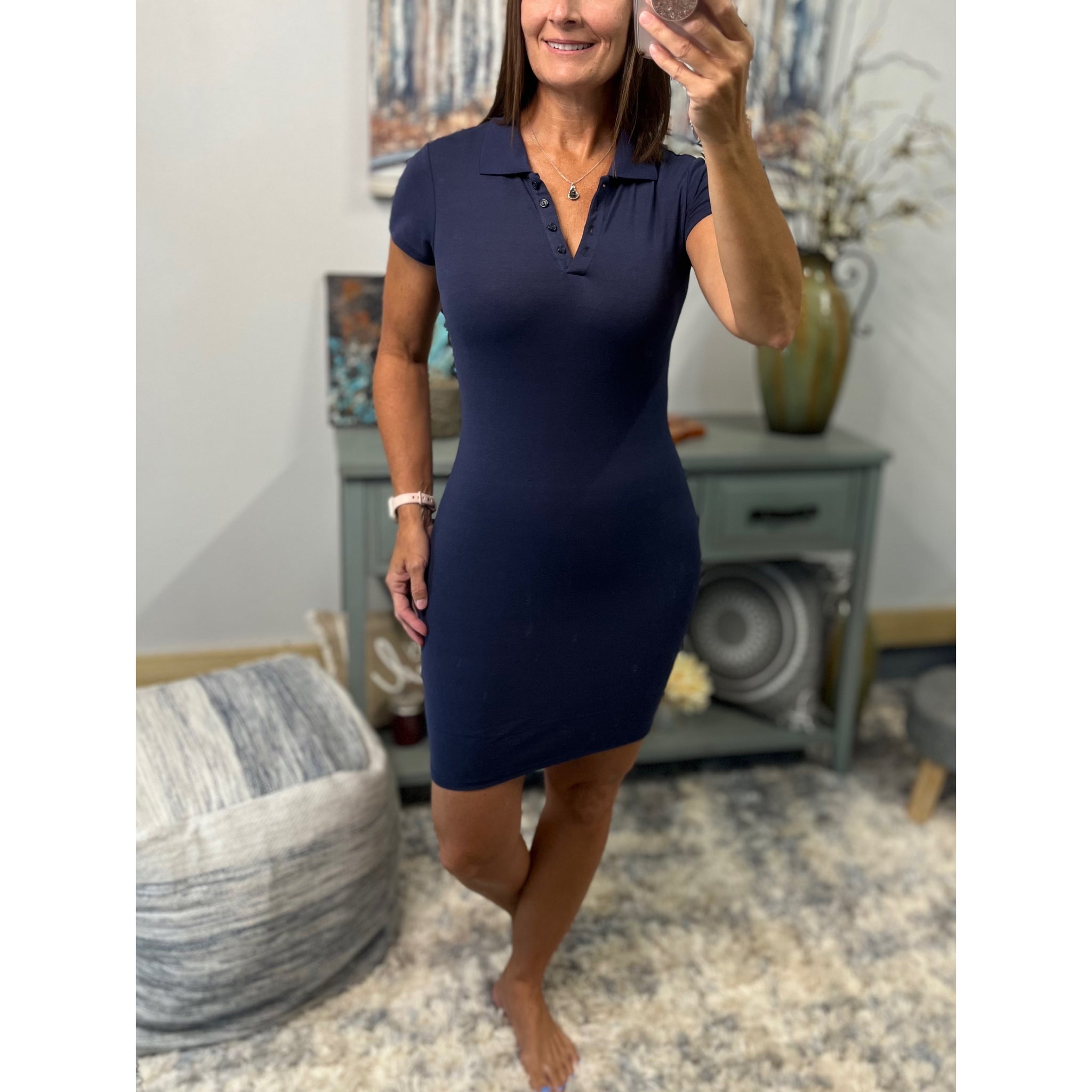 Sexy Collared Henley Pique Polo V Neck Stretch Short Sleeve Dress Navy Blue