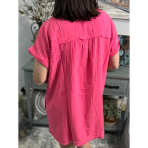 "Breezy Babe" Gauze V Neck A Line Rolled Short Sleeve Pockets Cotton Raw Edge Dress Fuchsia