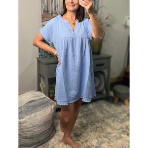 "Breezy Babe" Gauze V Neck A Line Rolled Short Sleeve Pockets Cotton Raw Edge Dress Spring Blue