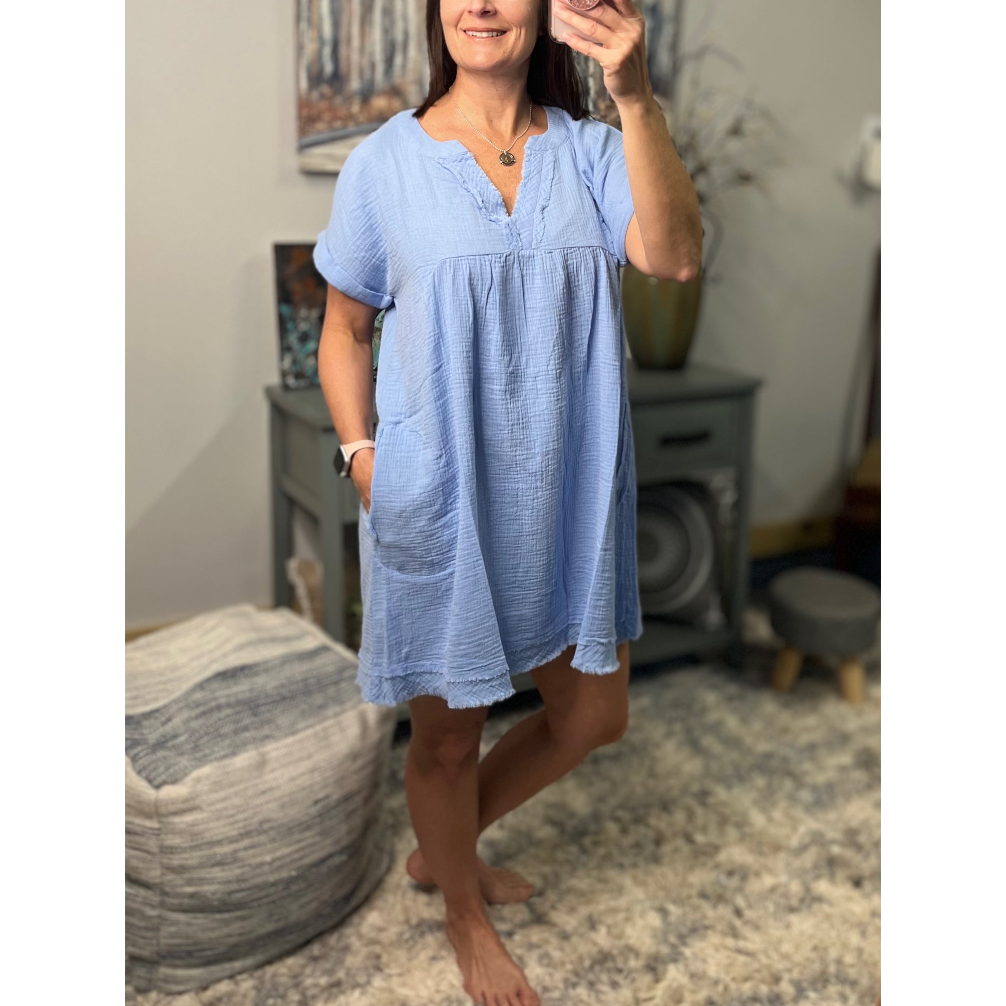 "Breezy Babe" Gauze V Neck A Line Rolled Short Sleeve Pockets Cotton Raw Edge Dress Spring Blue