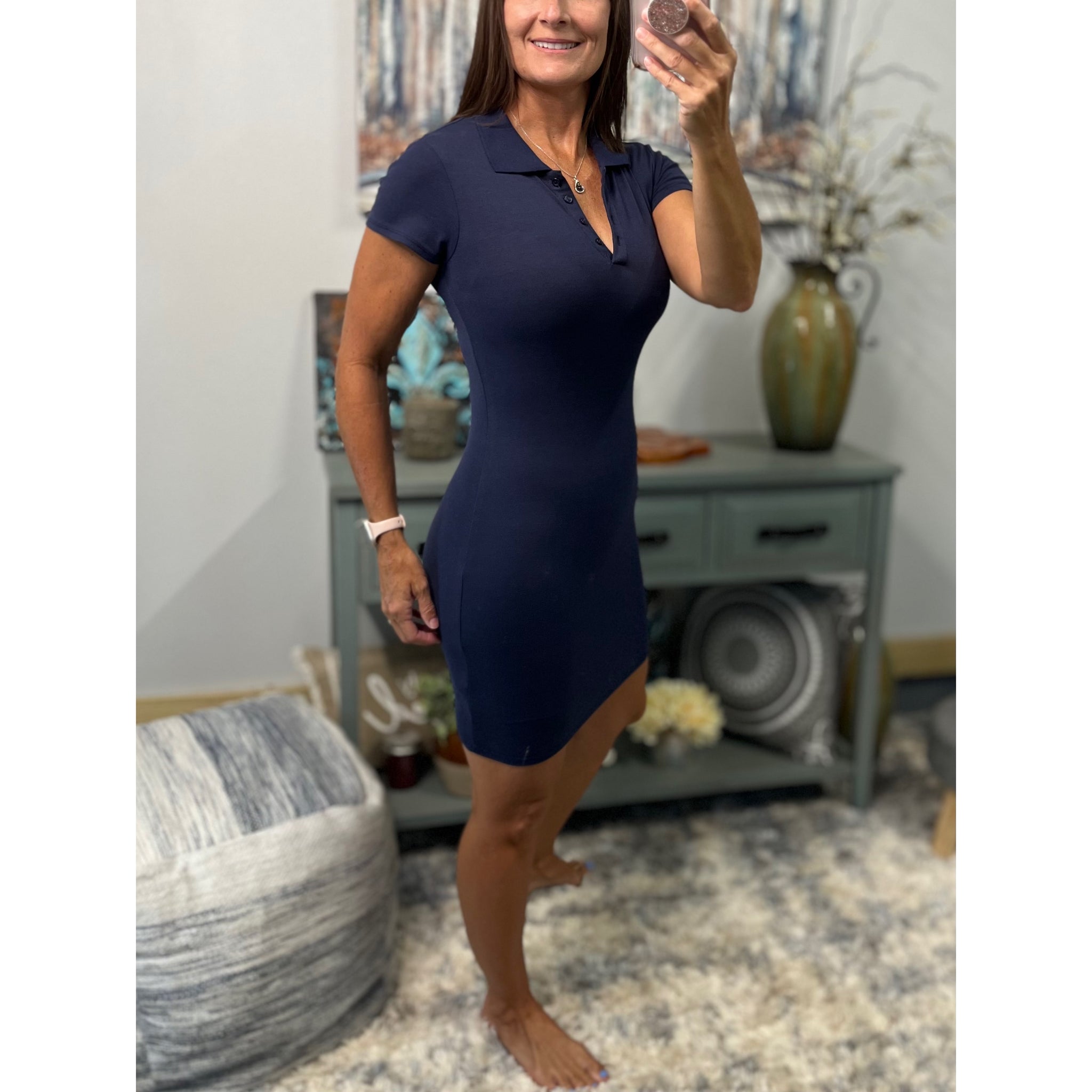 Sexy Collared Henley Pique Polo V Neck Stretch Short Sleeve Dress Navy Blue