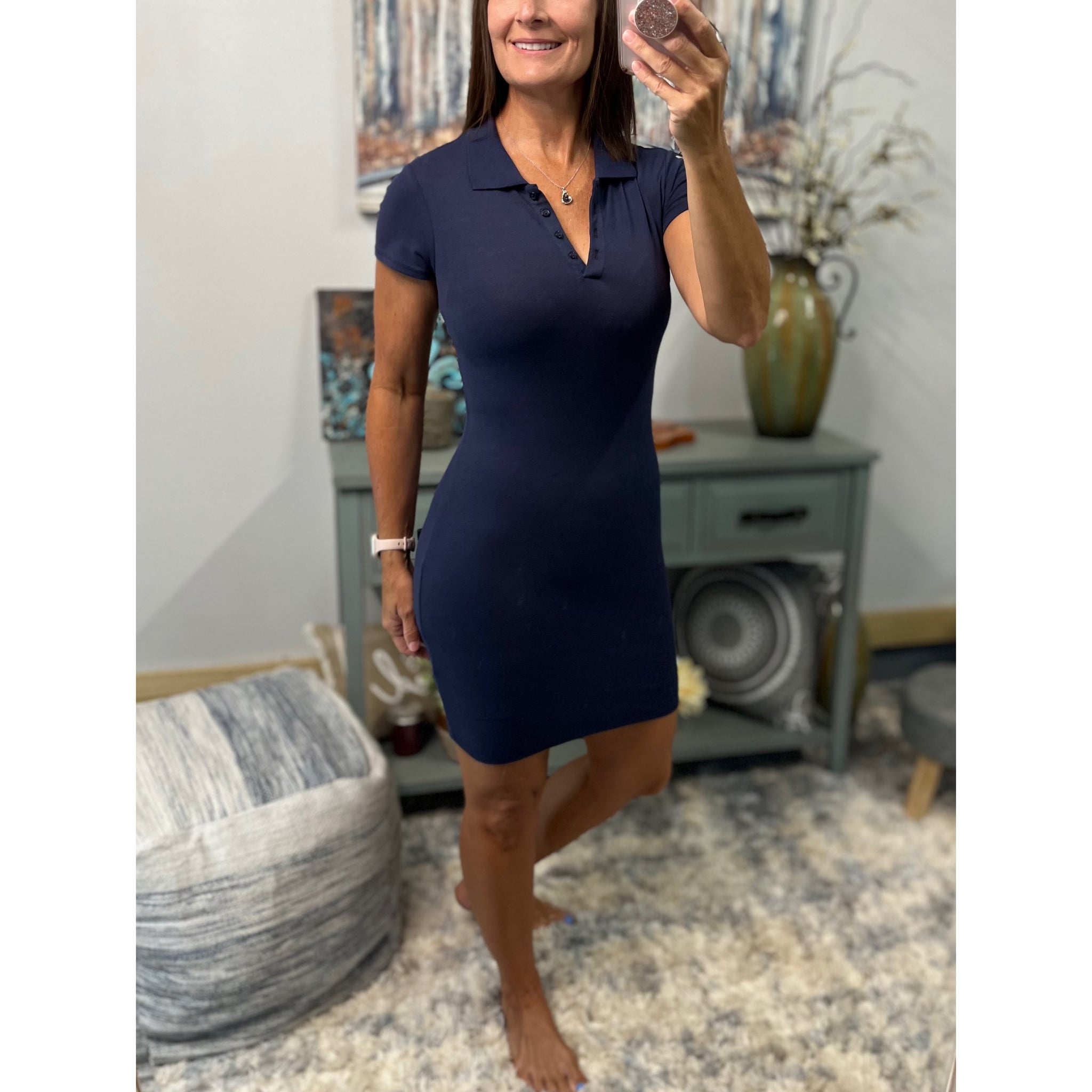 Sexy Collared Henley Pique Polo V Neck Stretch Short Sleeve Dress Navy Blue