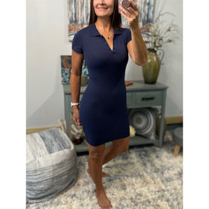 Sexy Collared Henley Pique Polo V Neck Stretch Short Sleeve Dress Navy Blue