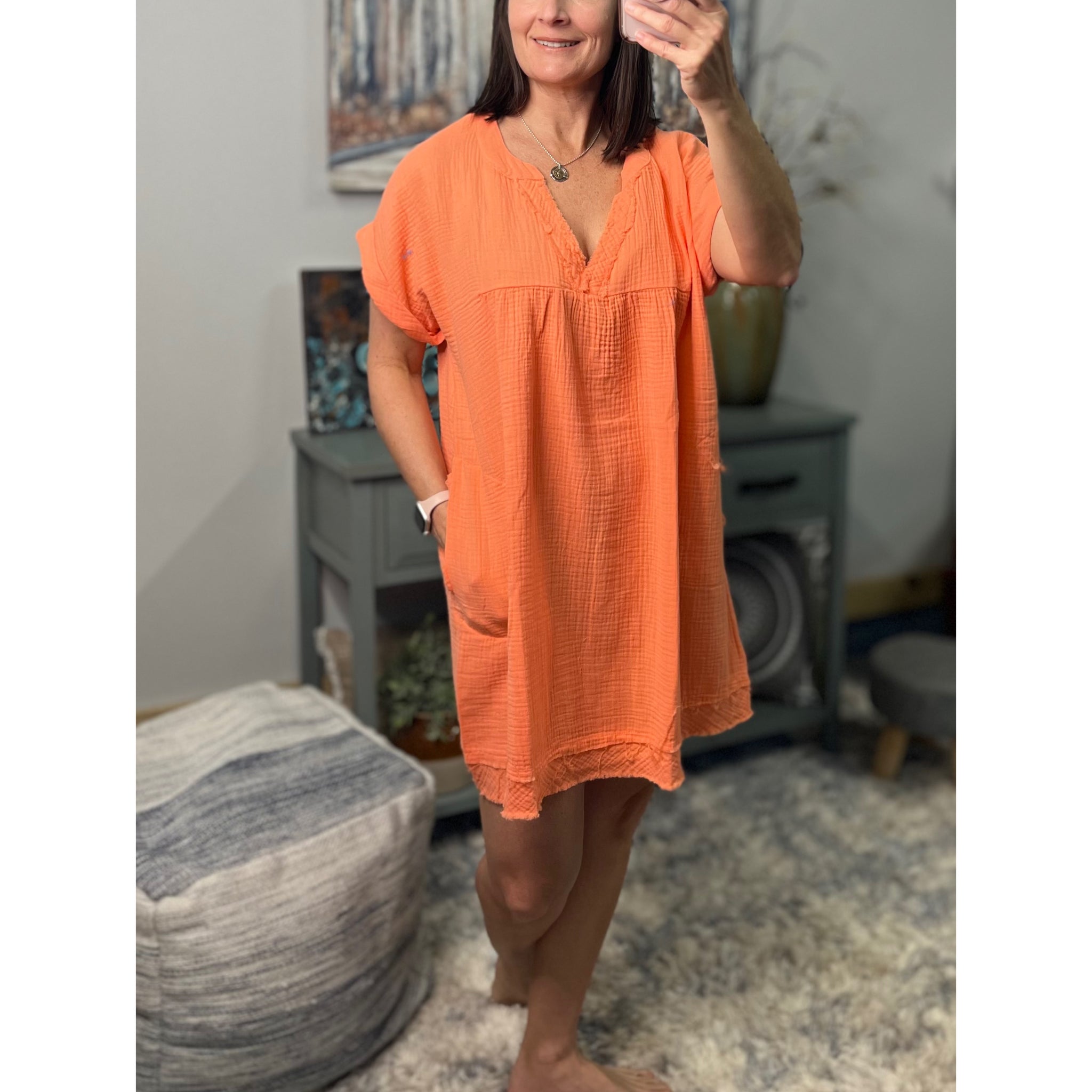 "Breezy Babe" Gauze V Neck A Line Rolled Short Sleeve Pockets Cotton Raw Edge Dress Coral