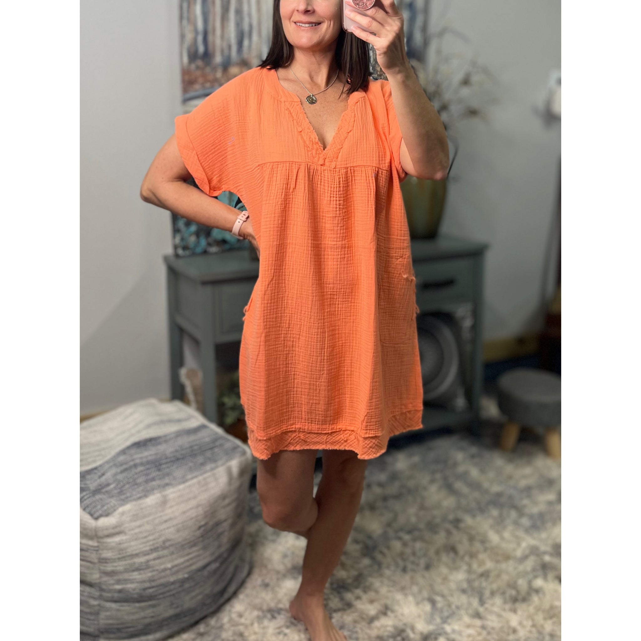 "Breezy Babe" Gauze V Neck A Line Rolled Short Sleeve Pockets Cotton Raw Edge Dress Coral