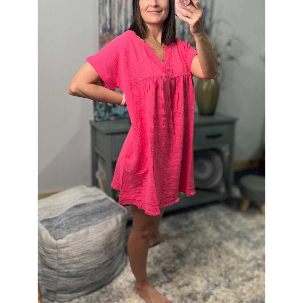 "Breezy Babe" Gauze V Neck A Line Rolled Short Sleeve Pockets Cotton Raw Edge Dress Fuchsia