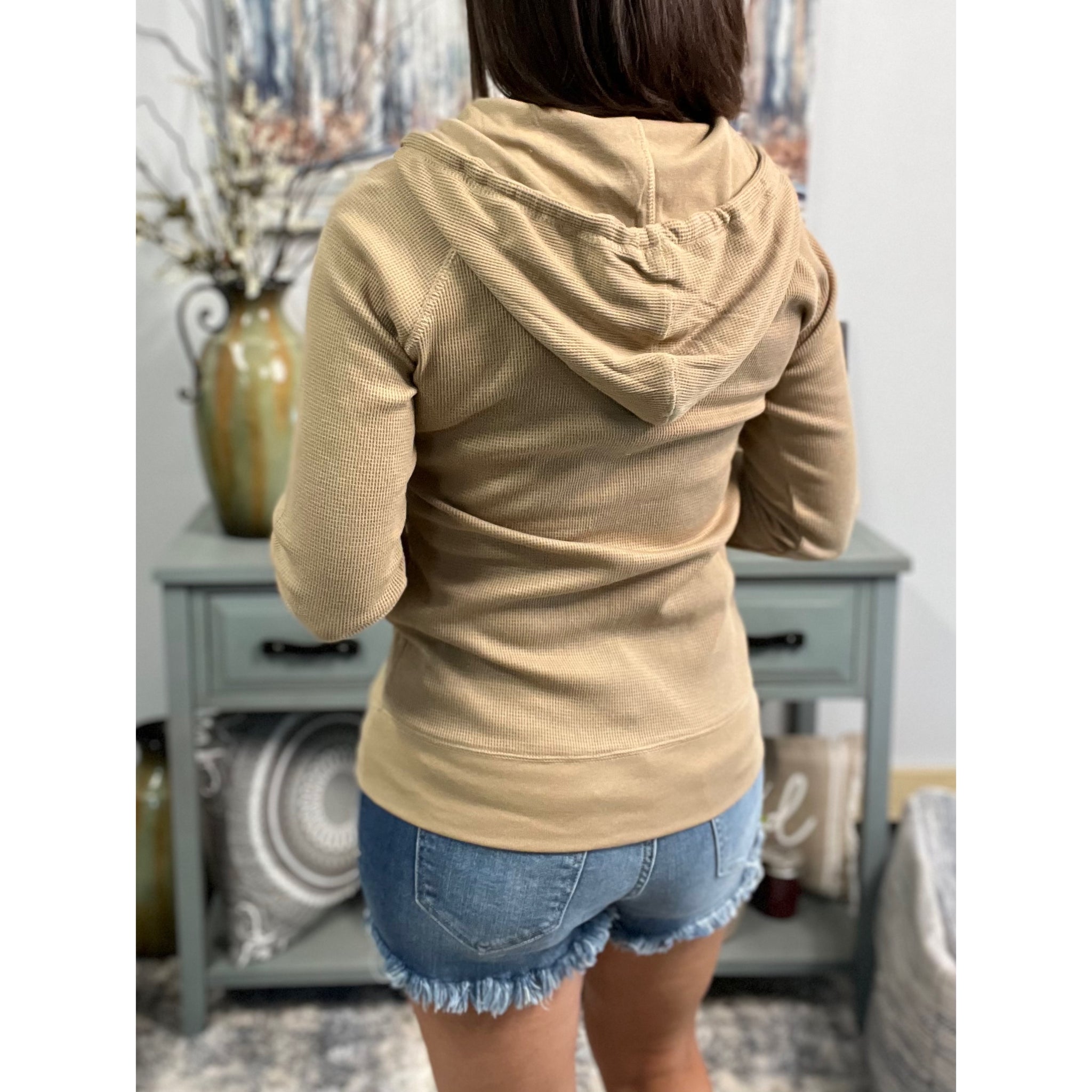 "Get Cozy" Zip Up Waffle Thermal Hoodie Light Jacket Sweater Yoga Tan