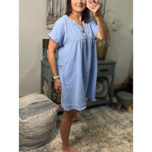 "Breezy Babe" Gauze V Neck A Line Rolled Short Sleeve Pockets Cotton Raw Edge Dress Spring Blue