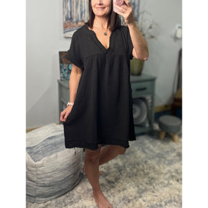 "Breezy Babe" Gauze V Neck A Line Rolled Short Sleeve Pockets Cotton Raw Edge Dress Black