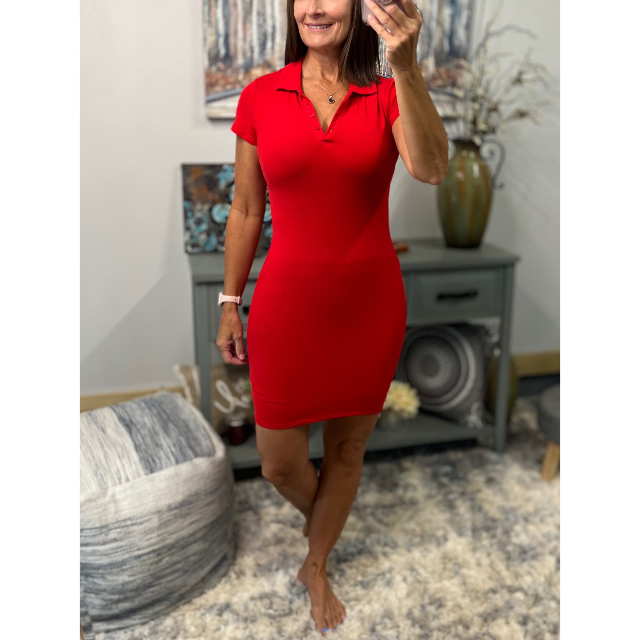 Sexy Collared Henley Pique Polo V Neck Stretch Short Sleeve Dress Red