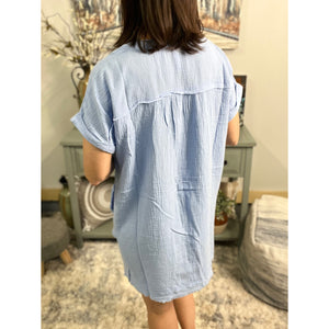 "Breezy Babe" Gauze V Neck A Line Rolled Short Sleeve Pockets Cotton Raw Edge Dress Spring Blue