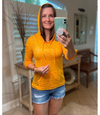 Sexy Sheer Burnout Drawstring Hoodie Tissue High Neck Long Sleeve Top Gold