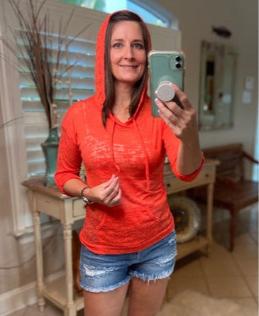 Sexy Sheer Burnout Drawstring Hoodie Tissue High Neck Long Sleeve Top Orange