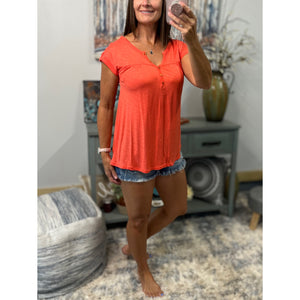 “Just Be You” Sheer Burnout Melange Tissue V Neck Henley Tab Sleeve Shirt Tee Orange