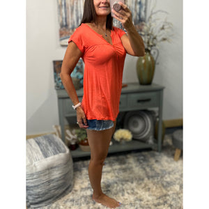 “Just Be You” Sheer Burnout Melange Tissue V Neck Henley Tab Sleeve Shirt Tee Orange