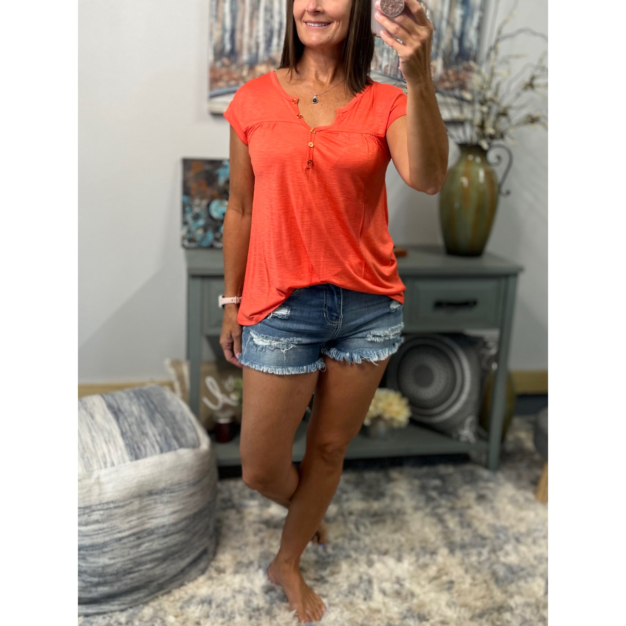 “Just Be You” Sheer Burnout Melange Tissue V Neck Henley Tab Sleeve Shirt Tee Orange