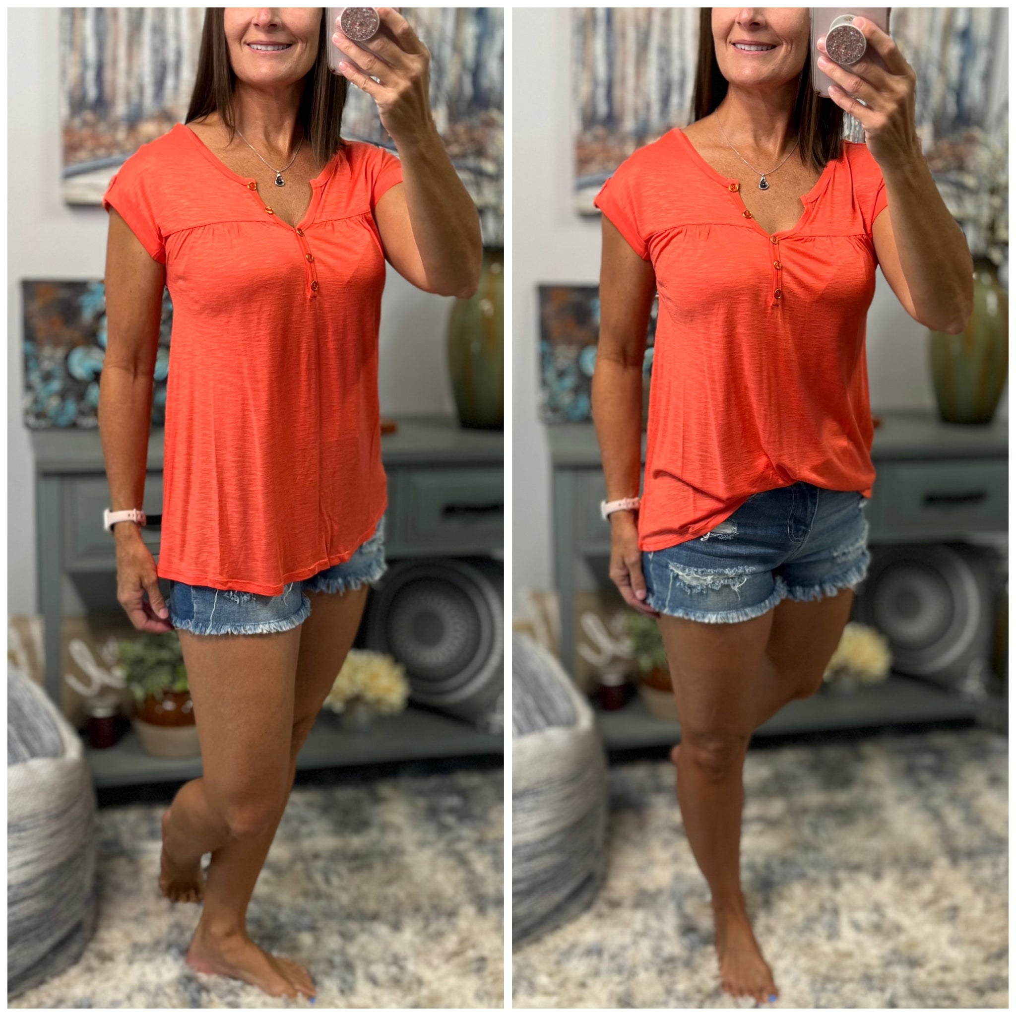 “Just Be You” Sheer Burnout Melange Tissue V Neck Henley Tab Sleeve Shirt Tee Orange