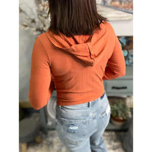 Ribbed Hoodie Cropped Crew Neck Long Sleeve Fitted Shirt Top Orange
