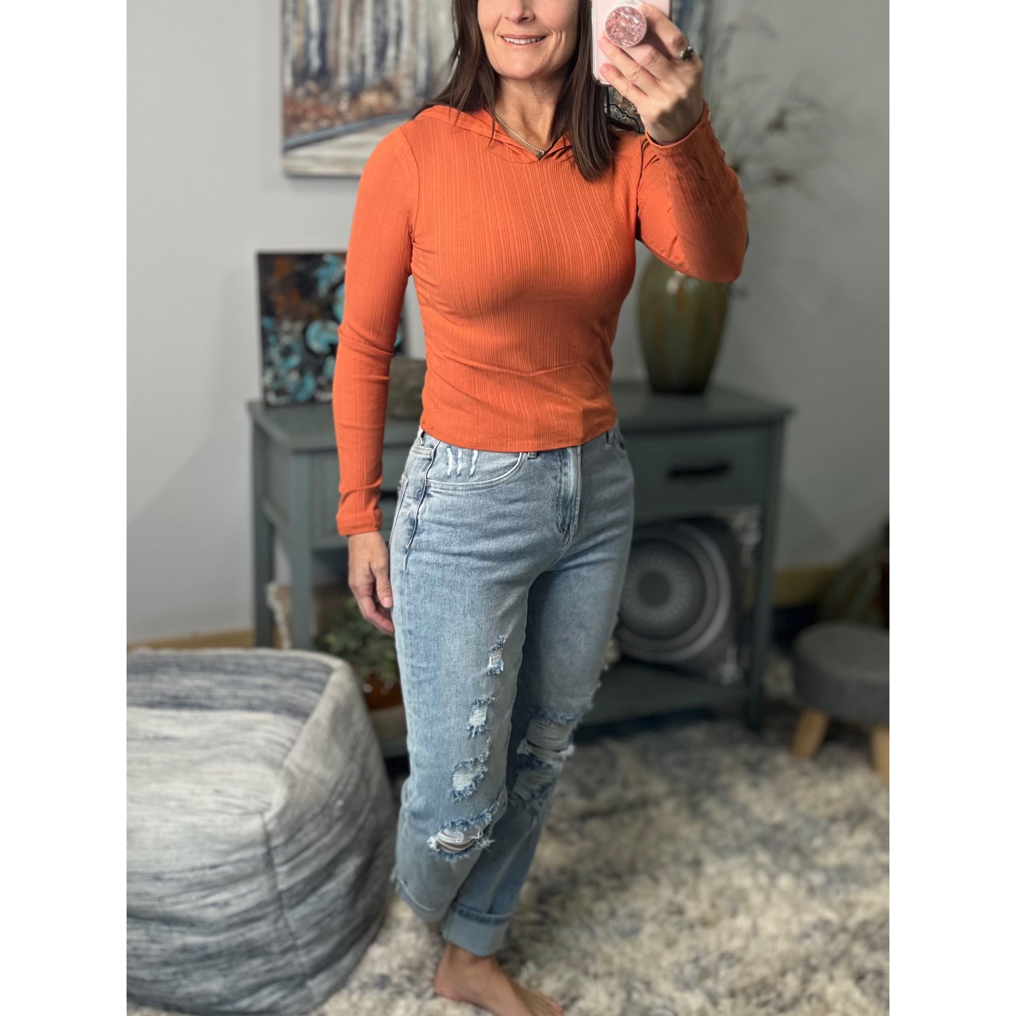 Ribbed Hoodie Cropped Crew Neck Long Sleeve Fitted Shirt Top Orange