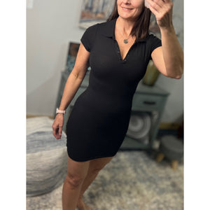 Sexy Collared Henley Pique Polo V Neck Stretch Short Sleeve Fitted Dress Black