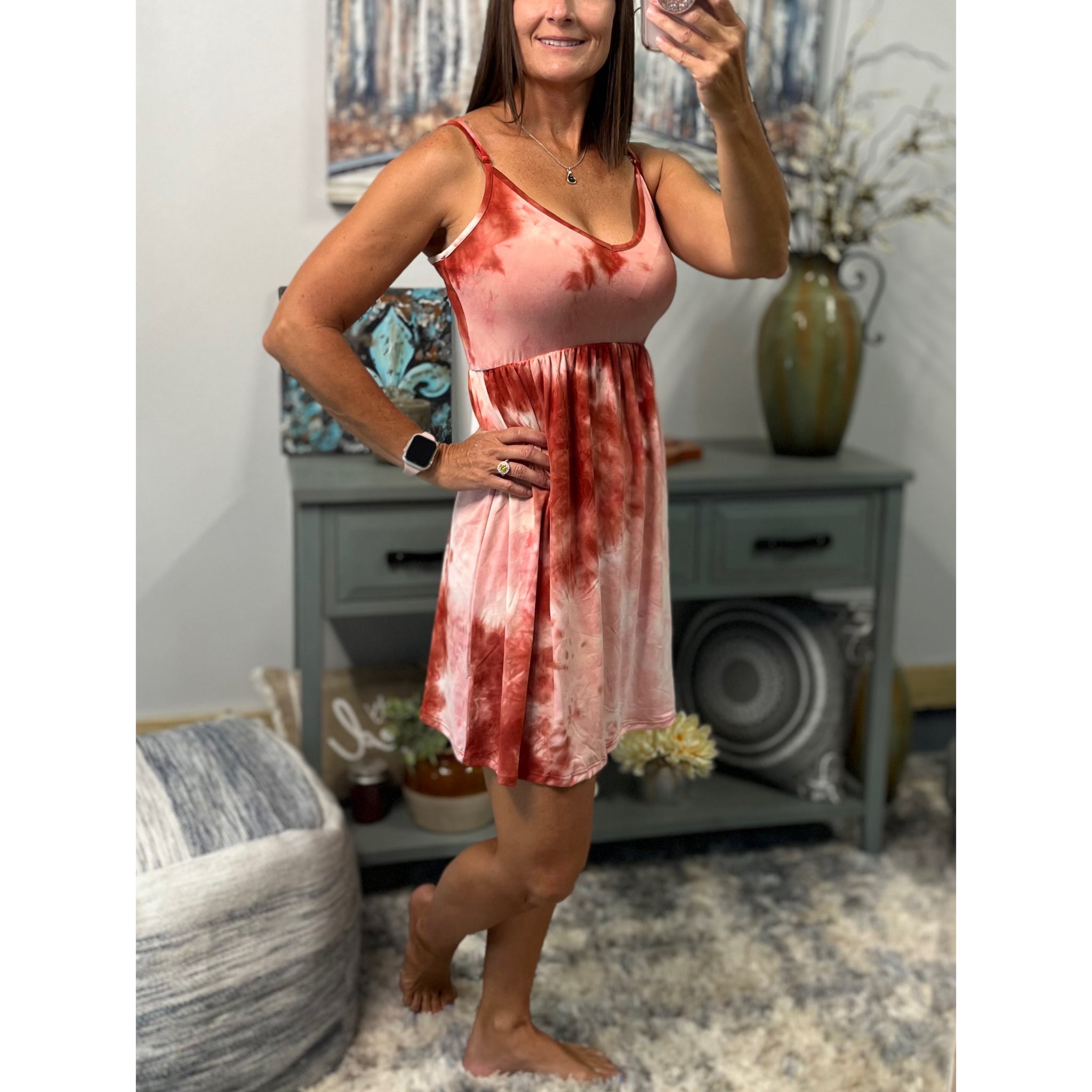 “Carefree Highway” Tie Dye Dress Mini V Neck Tank Adjustable Strap Beachy Summer Sundress Pink