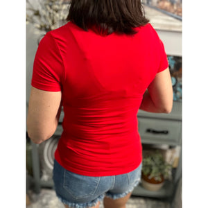 “Basic Babe” Low Cut Scoop Neck Cleavage Baby Slimming Short Sleeve Basic Tee Red