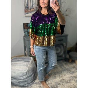 “Sidewalk Side” Mardi Gras Sequined Color Block Short Sleeves Cropped Parade Purple Green Gold