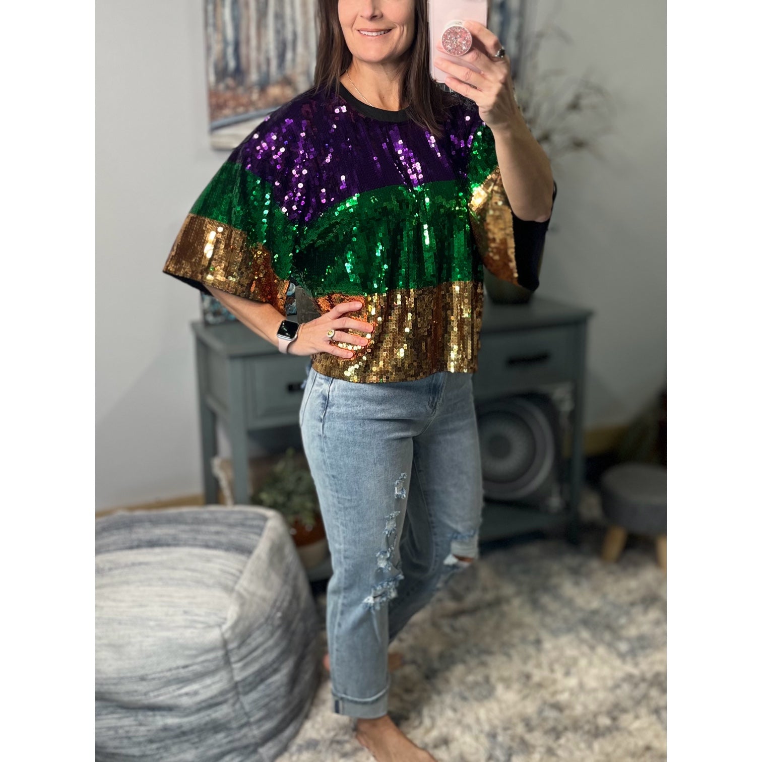 “Sidewalk Side” Mardi Gras Sequined Color Block Short Sleeves Cropped Parade Purple Green Gold